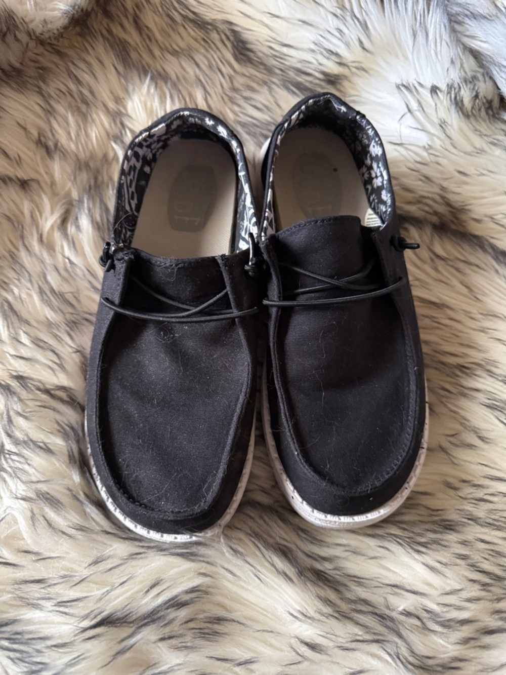 Hey Dude Women's Black Slip-On Loafers with Floral Lining